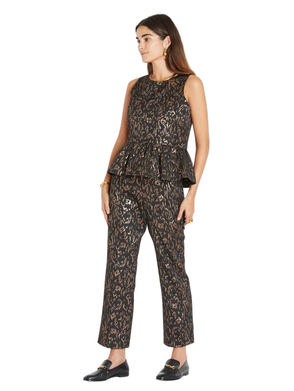 Tanya Taylor Kian Metallic Straight Leg Pants With Back Slit In Black/Copper Sz4